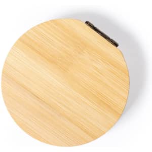 A round bamboo lid with a metallic clasp, featuring a smooth, natural wood texture.