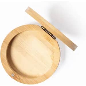 A round bamboo box with a hinged lid, showcasing a smooth, natural wood finish. It features a simple, minimalist design.
