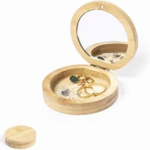 A wooden jewellery box with a mirror, containing rings and small decorative items, alongside a matching removable lid.