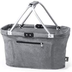 A grey folding tote bag with metal handles and a zippered pocket on one side. It has a simple and modern design.