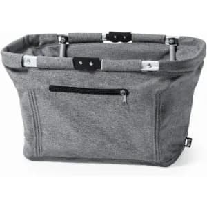 A storage basket in grey fabric with a zippered pocket and metallic handles. Features a structured, spacious design.