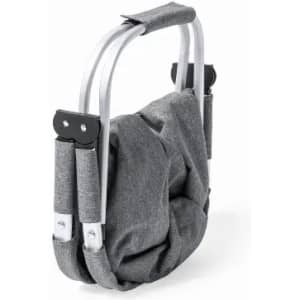 A folding bag with a grey fabric body and silver handles, featuring a compact design for easy storage.