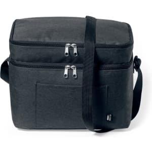 A lunch bag in charcoal grey with a double zip closure and a removable shoulder strap. It features a front pocket and a logo.