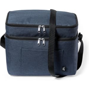 A navy blue insulated bag with a double zip closure and a shoulder strap, featuring a front pocket.