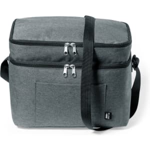 A grey insulated bag with a zippered top and an adjustable strap. Features a front pocket.
