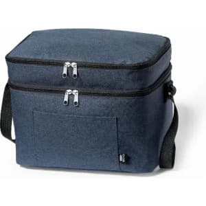 A navy blue insulated bag with a dual zipper and a front pocket. It features a handle and adjustable shoulder strap.