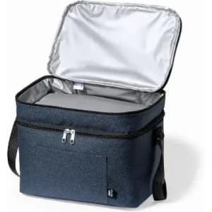 A navy blue insulated cooler bag with a silver-lined interior and a zippered opening. Features a front pocket.