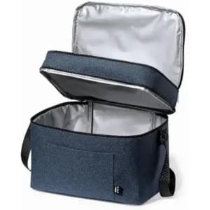A blue insulated bag with a silver interior, featuring an open lid and a side pocket.