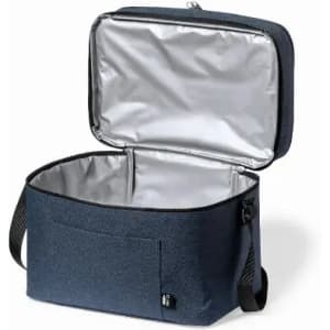 A insulated lunch bag in navy blue with a silver interior and a zippered opening. It features a front pocket and a shoulder strap.