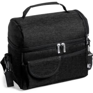 A black insulated lunch bag with a zip closure, front pocket, and adjustable shoulder strap.