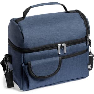 A cooler bag in navy blue with a zippered top, carrying handle, and adjustable strap, featuring a front pocket.
