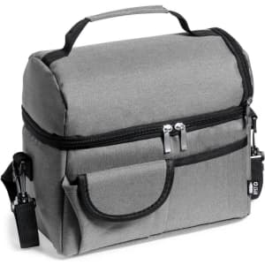 A grey insulated lunch bag with a zippered main compartment and front pocket, featuring a handle and adjustable strap.