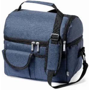 A lunch bag in navy blue fabric with a zippered top, carrying handle, and adjustable shoulder strap.