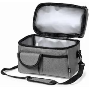 A grey insulated bag with a zippered opening, featuring a shoulder strap and front pocket.
