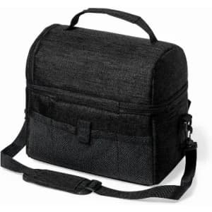 A black insulated lunch bag with a zip closure, carrying handle, and adjustable shoulder strap.