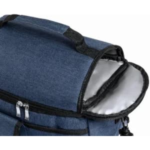 A backpack with a denim exterior and a grey insulated interior opening at the top, featuring dual zippers.