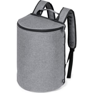 A grey cylindrical backpack with a zippered top and adjustable straps, featuring a logo.