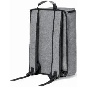 A grey backpack with black straps and a top handle, featuring a simple and streamlined design.