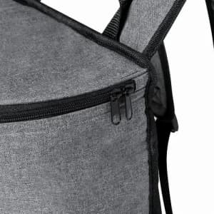 A grey insulated backpack with a zippered compartment, featuring black accents and ergonomic straps.