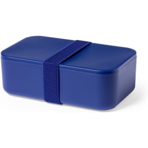 A blue lunchbox with a textured strap securing the lid. The container has a sleek, rectangular design.