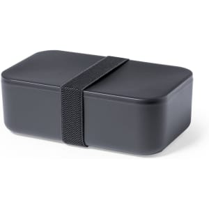 A black lunchbox with a rectangular shape and a black elastic strap for secure closure.