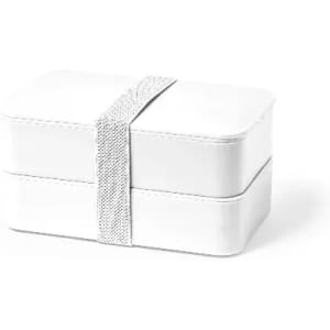 A white lunch box with two stacked compartments secured by a textured strap.