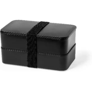 A black lunch box with a textured strap and a two-tier design, featuring a sleek rectangular shape.