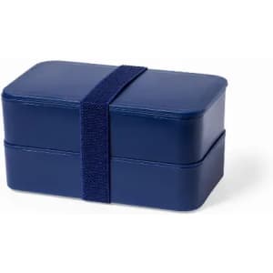A navy blue lunchbox with a strap, featuring two stacked compartments for food storage.