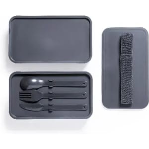 A grey lunch box containing a spoon, fork, and knife, with a strap for secure closure.