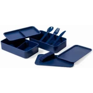 A navy blue lunchbox set featuring multiple containers, a fork, a spoon, and a strap. It includes a logo.
