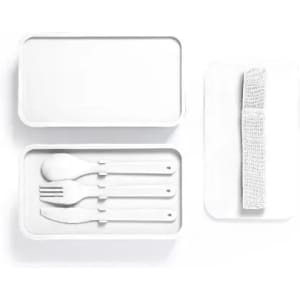 A lunchbox set featuring white containers, a fork, spoon, knife, and a strap for secure closure.