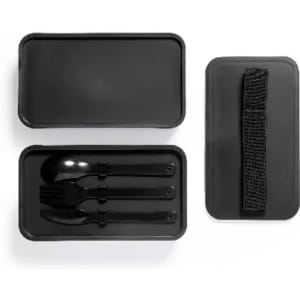 A cutlery set in a black container, featuring a spoon, fork, and knife, with a strap for easy carrying.