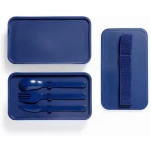 A navy blue lunchbox with a lid, containing a spoon, fork, and knife, along with a strap.