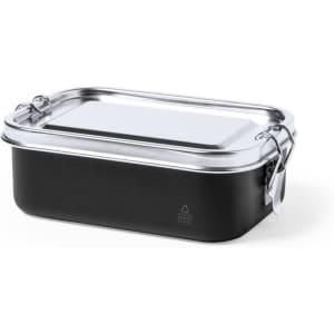 A food storage container with a stainless steel lid and a black base. It features a secure locking mechanism.