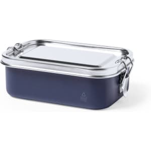 A lunchbox with a navy blue base and a stainless steel lid, featuring a secure clasp closure and a logo.