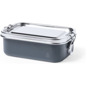 A lunch box with a dark grey base and a silver metal lid, featuring clamps on the sides and a sleek design.