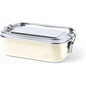 A food storage container with a cream-coloured base and a stainless steel lid. It features a clasp closure.