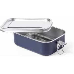 A lunch box with a navy blue exterior and a silver metal lid, featuring a clip closure.