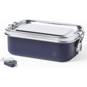 A rectangular navy blue lunchbox with a stainless steel lid and a small attached container. It has a logo.