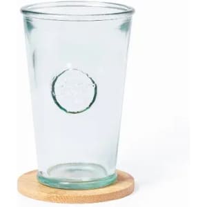 A transparent glass drinking cup with a wooden base, featuring a circular logo on the front.