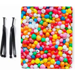 A vibrant patterned product featuring an array of colourful spheres, accompanied by two black straps.