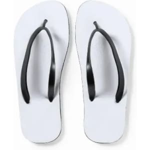 A pair of flip-flops featuring a white sole and black straps. The design is simple and classic.