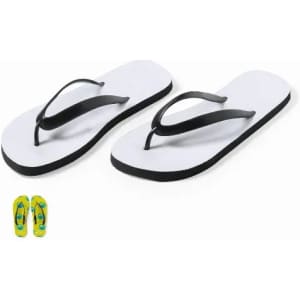 A pair of flip-flops with a white sole and black straps, alongside a smaller pair featuring a colourful design.