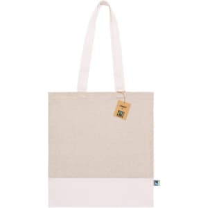 A tote bag featuring a light beige upper section and a white lower section, with a tag and a logo.