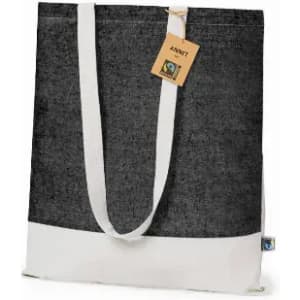 A tote bag in grey with a white bottom and long handles, featuring a logo and a tag.