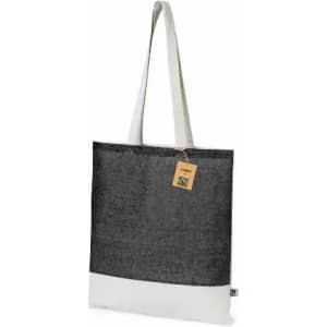 A tote bag featuring a black and white design with a long handle and a tag. It has a simple, modern look.