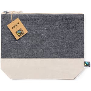 A grey and cream pouch with a zipper, featuring a logo and a tag indicating Fairtrade certification.