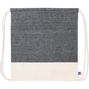 A drawstring bag in dark grey with a cream bottom section, featuring a branding logo.