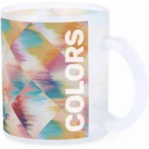 A drink bottle with a frosted finish featuring a colourful geometric pattern and a handle. It has a logo on the side.