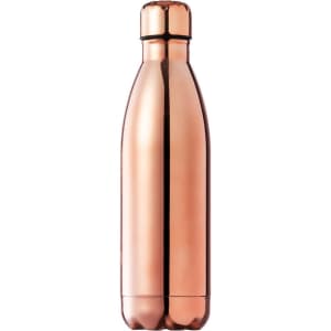 A drink bottle in a sleek copper finish with a rounded design and an attached cap. It features a branding logo.